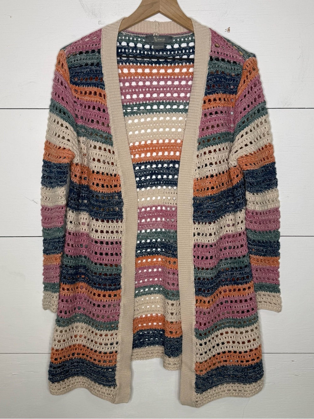Natural Reflections • Multicolor Open-Front Crochet Cardigan with Cream Trim